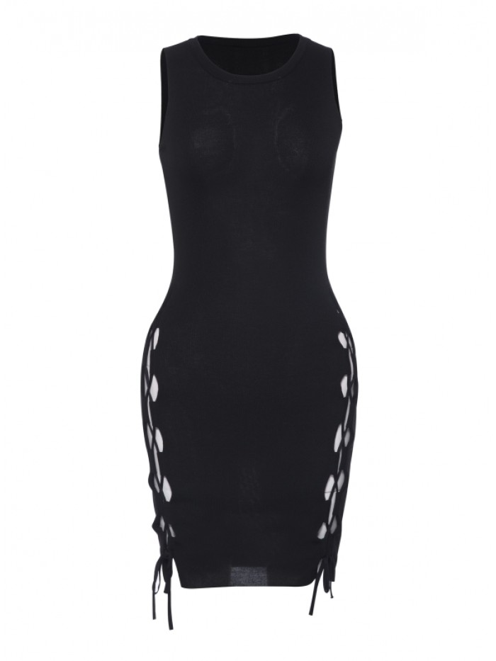 Black Sexy Lace-up Knee-Length Sleeveless Round Neck Bodycon Dress