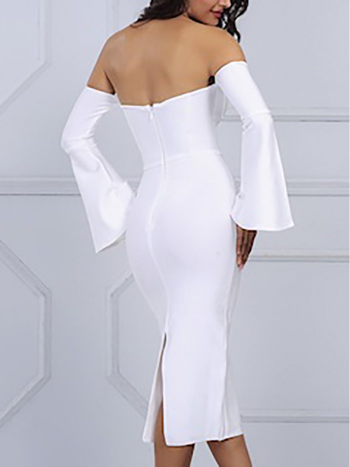 Sexy pure White Long Sleeve Off-the-shoulder bodycon Dress