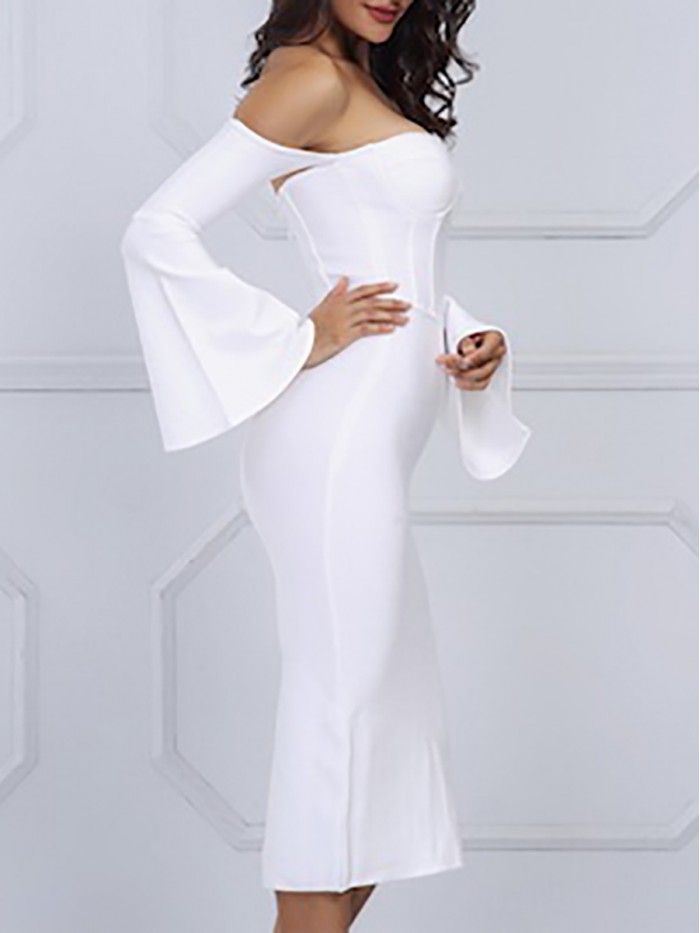 Sexy pure White Long Sleeve Off-the-shoulder bodycon Dress