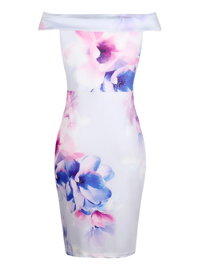 Floral Short Sleeve Off-the-Shoulder Above Knee Bodycon Dress