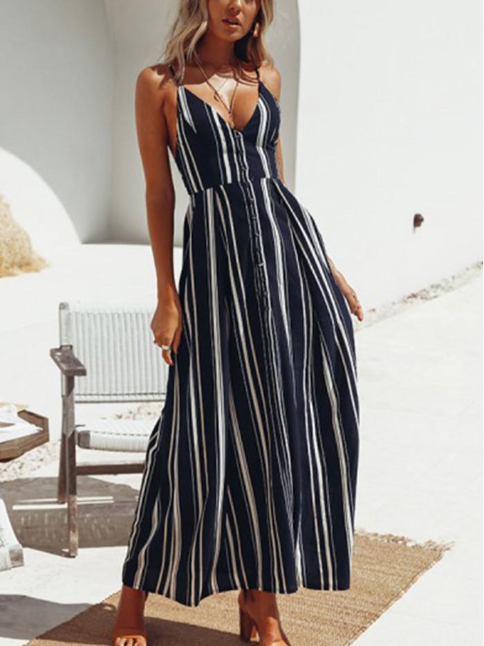 Summer Ankle-Length Sleeveless Stripe Backless Dress