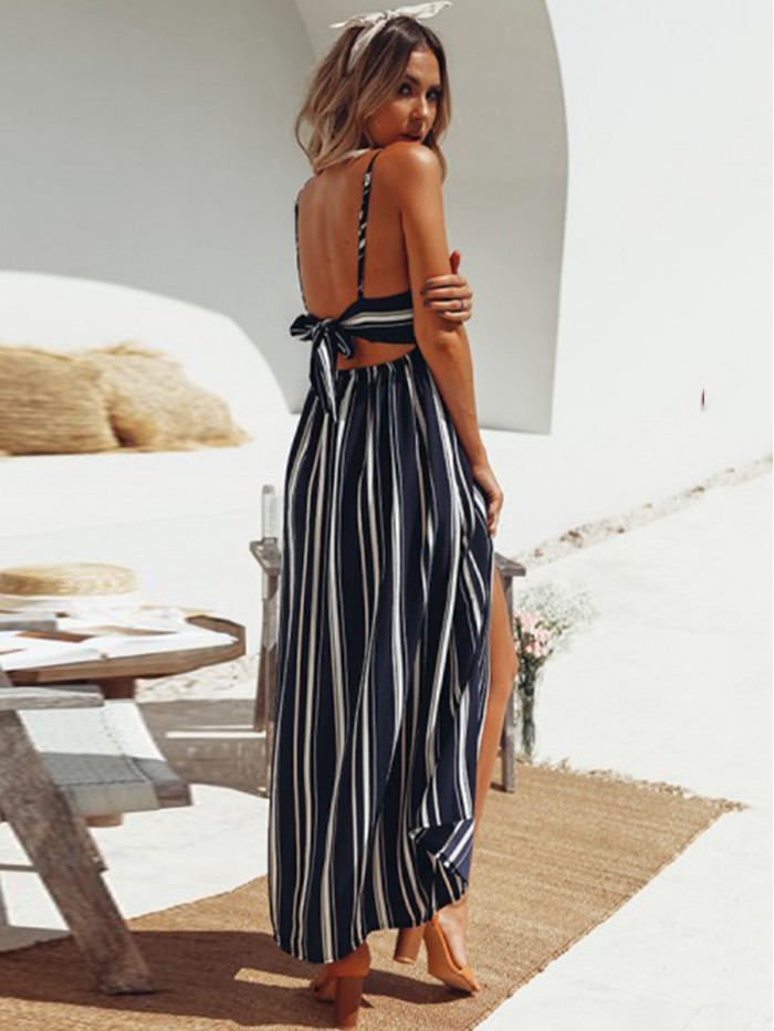 Summer Ankle-Length Sleeveless Stripe Backless Dress