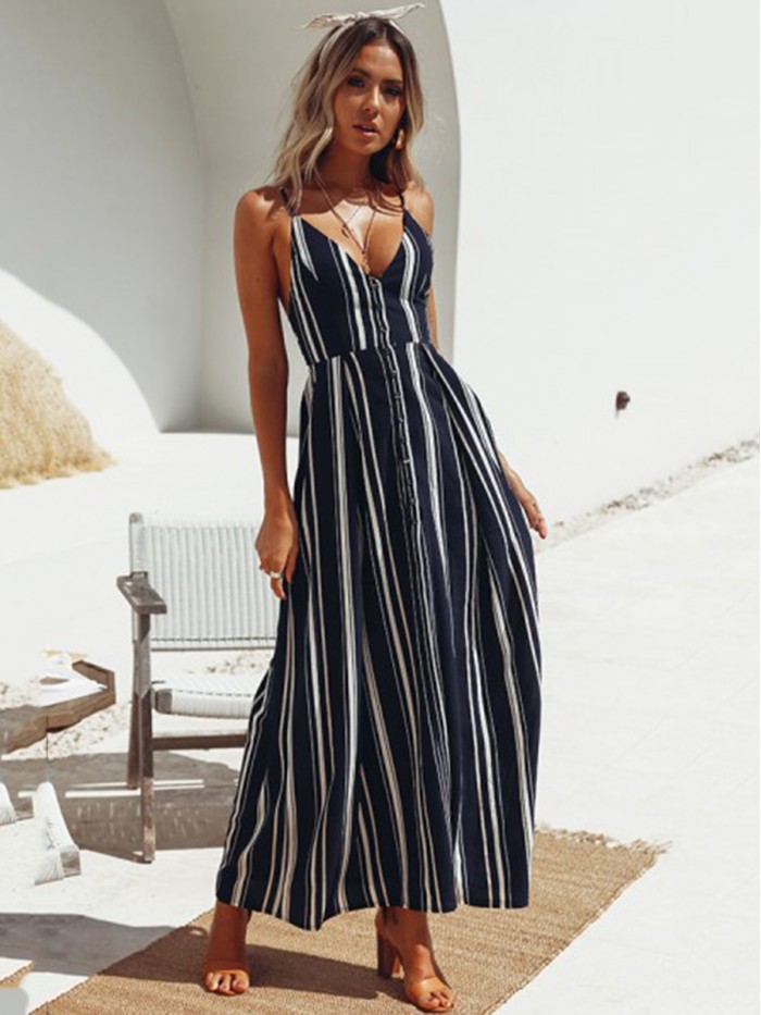 Summer Ankle-Length Sleeveless Stripe Backless Dress