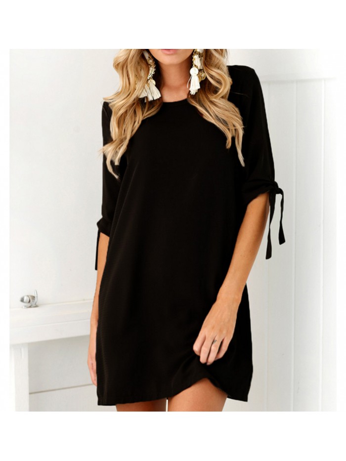 Yellow/Black Half Sleeves Summer Round Neck Plain Dress