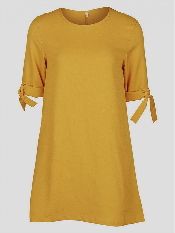 Yellow/Black Half Sleeves Summer Round Neck Plain Dress