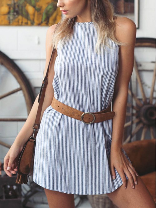 Fashion Summer Stripe Above Knee Sleeveless A-line...