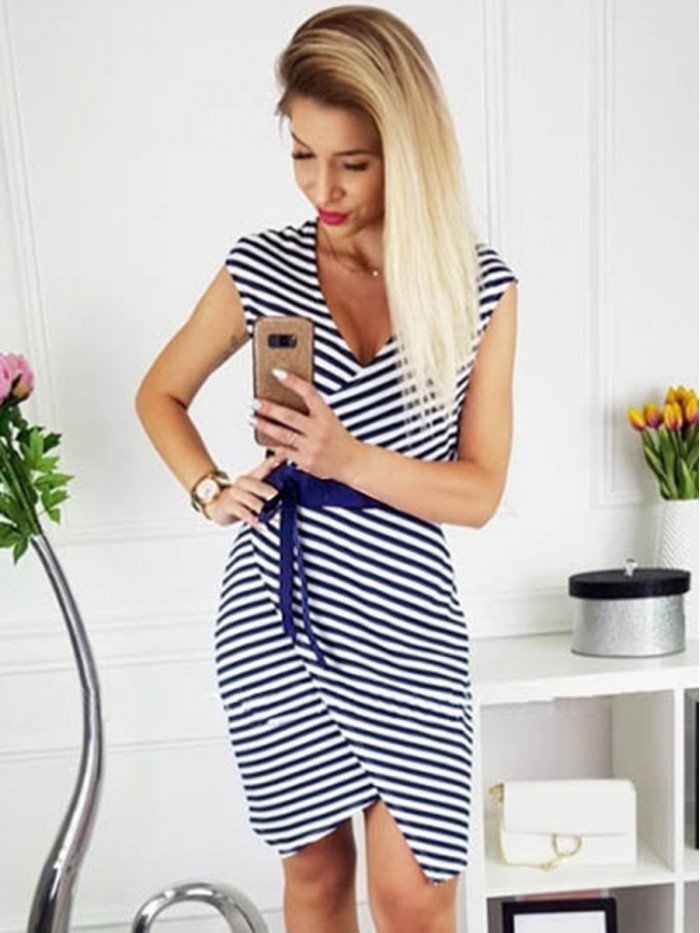 Summer Blue Stripe Standard-Waist Sleeveless Above Knee Dress