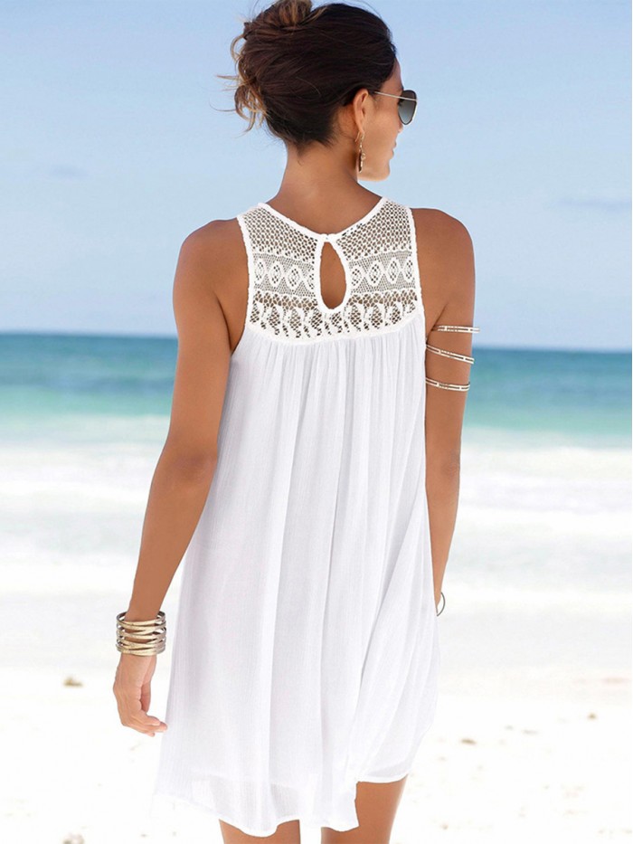 Beach White/Purple/Black Sleeveless Patchwork Hollowed-Out  Dress