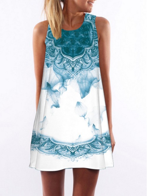 White and Blue Summer Print Round Neck Sleeveless ...