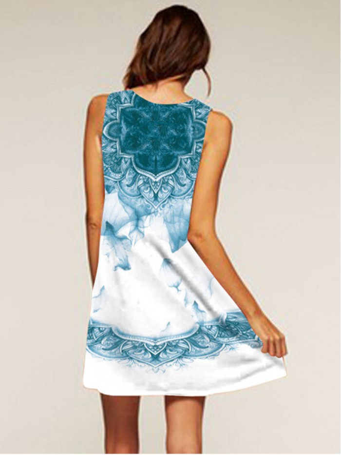 White and Blue Summer Print Round Neck Sleeveless A-line Dress