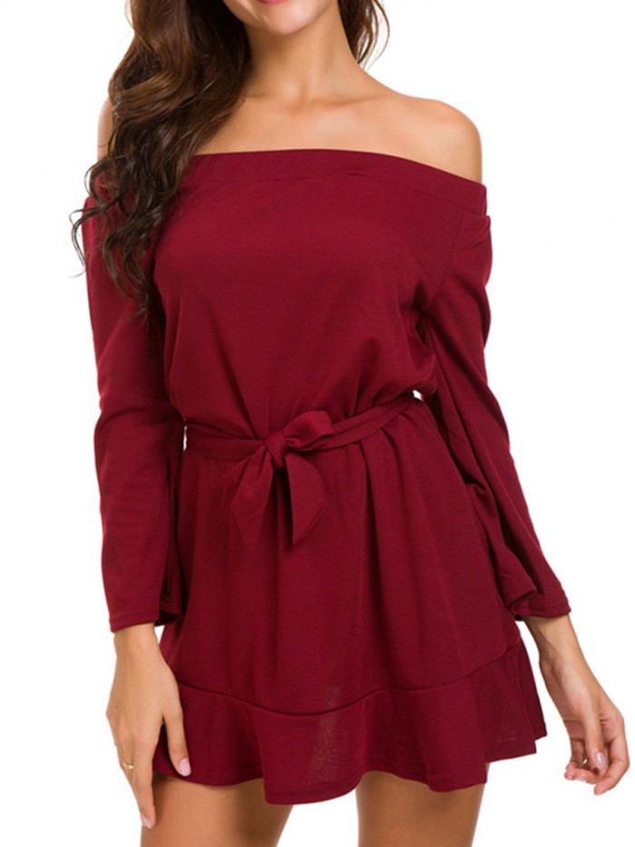 Regular Wine Red Nine Points Sleeve Off-the-Shoulder Dress