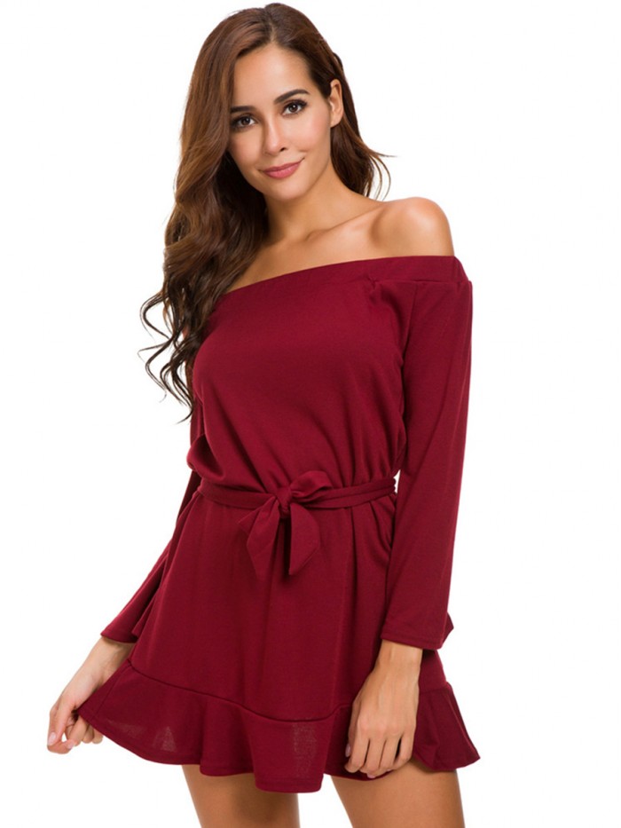 Regular Wine Red Nine Points Sleeve Off-the-Shoulder Dress