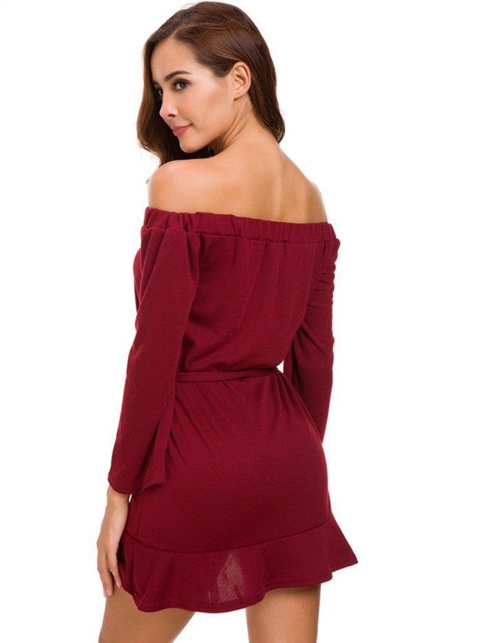 Regular Wine Red Nine Points Sleeve Off-the-Shoulder Dress