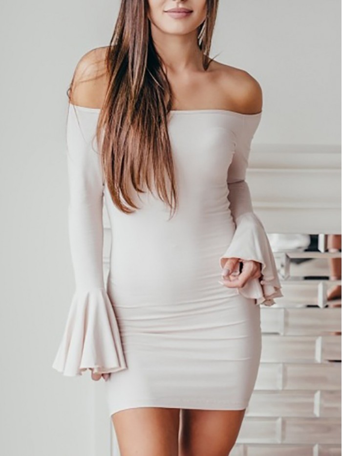 Solid color Long Sleeve Above Knee Standard-Waist Flare Sleeve Off-the-Shoulder Dress