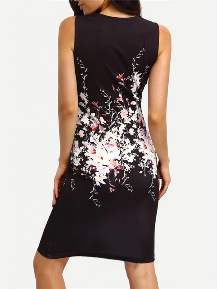 Black Above Knee Sleeveless Regular Round Neck Floral Dress