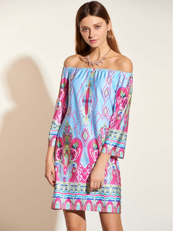 Ethnic Off-shoulder Regular Pullover Above Knee Dress