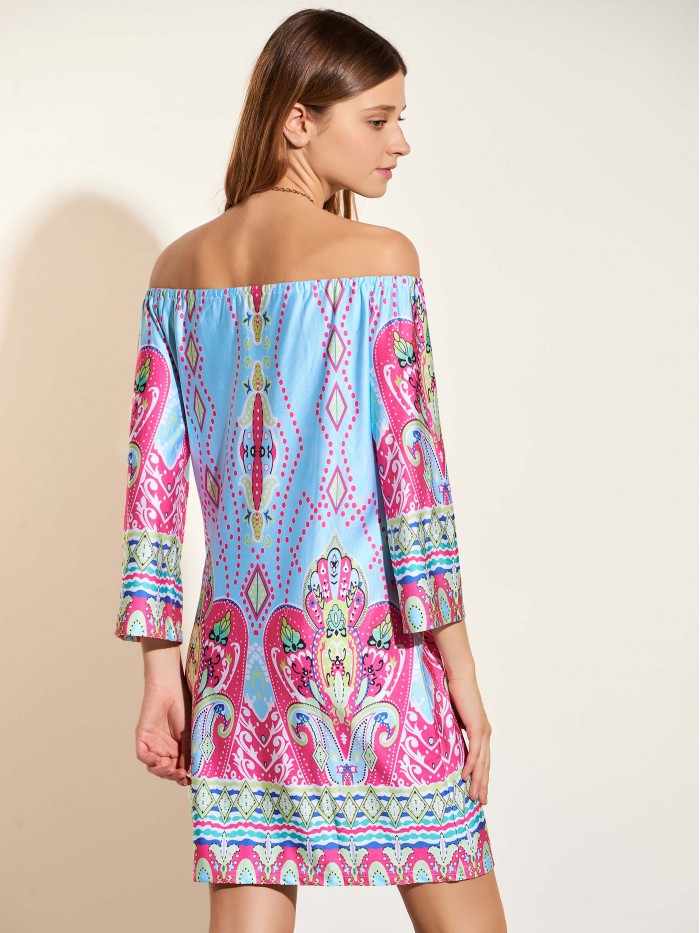 Ethnic Off-shoulder Regular Pullover Above Knee Dress