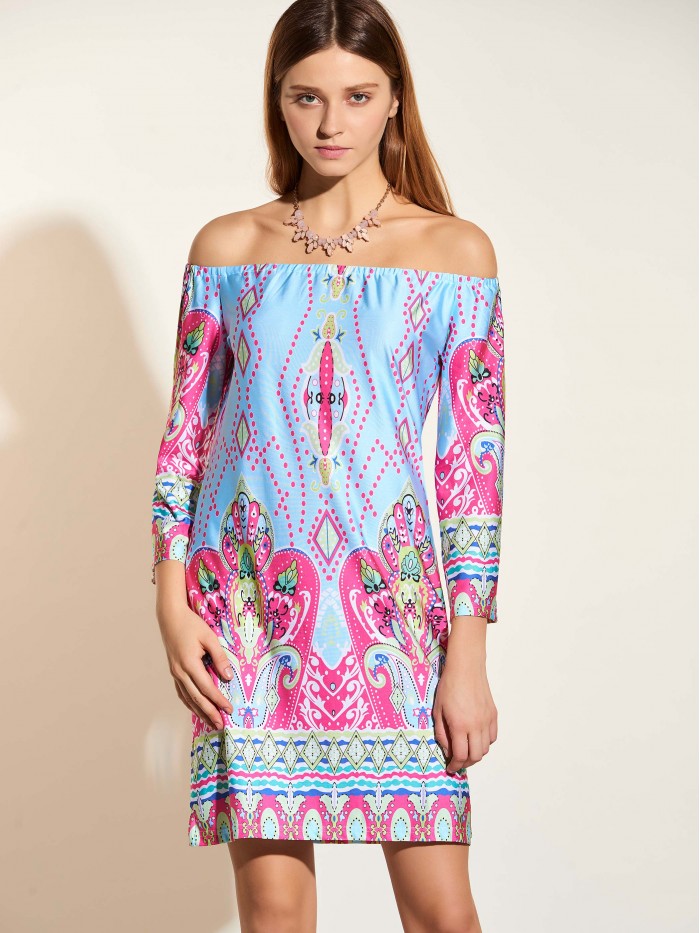 Ethnic Off-shoulder Regular Pullover Above Knee Dress