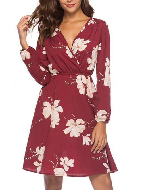 Regular High-Waist  Long Sleeve V-Neck Floral Dres...