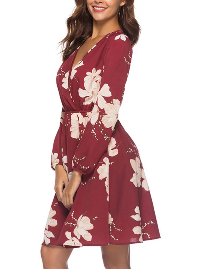 Regular High-Waist  Long Sleeve V-Neck Floral Dress