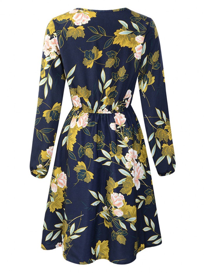 Regular High-Waist  Long Sleeve V-Neck Floral Dress