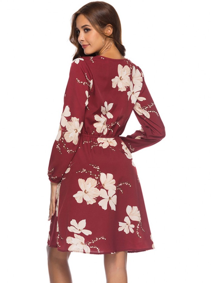 Regular High-Waist  Long Sleeve V-Neck Floral Dress