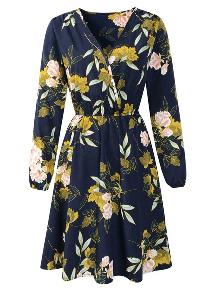 Regular High-Waist  Long Sleeve V-Neck Floral Dress