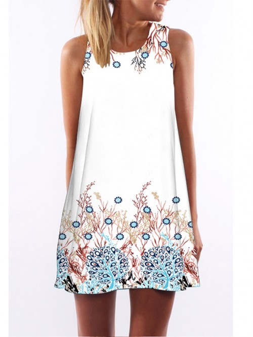 Cute White Sleeveless Round Neck Printed Dress