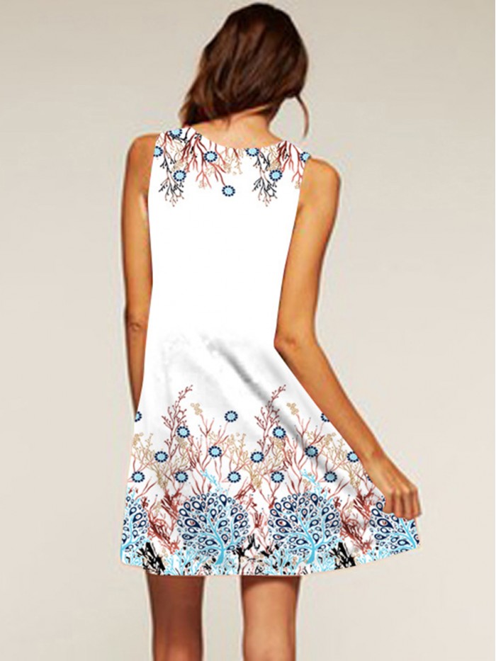 Cute White Sleeveless Round Neck Printed Dress