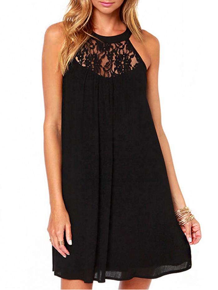 Black/White Lace Round Neck Sleeveless Patchwork Dress