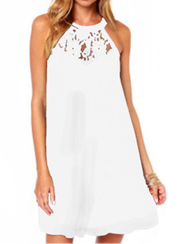 Black/White Lace Round Neck Sleeveless Patchwork Dress