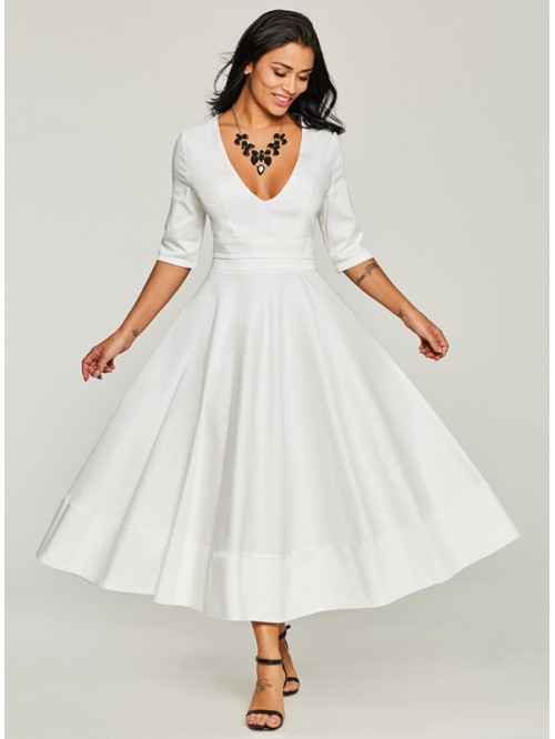 Elegant Pure White V-Neck Half Sleeve Dress