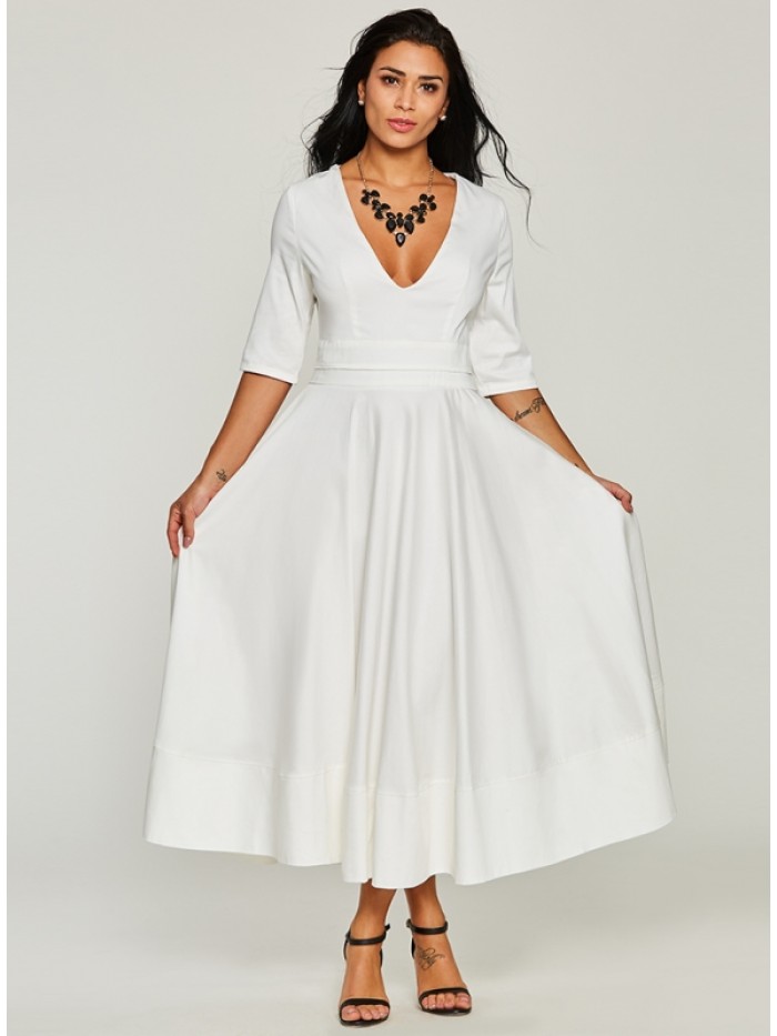 Elegant Pure White V-Neck Half Sleeve Dress