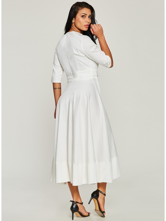 Elegant Pure White V-Neck Half Sleeve Dress