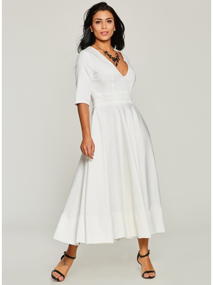 Elegant Pure White V-Neck Half Sleeve Dress