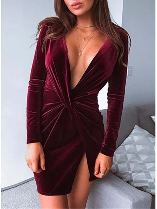 Sexy solid color Bodycon V-Neck Long Sleeve Dress