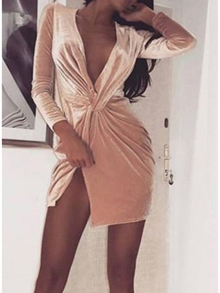 Sexy solid color Bodycon V-Neck Long Sleeve Dress