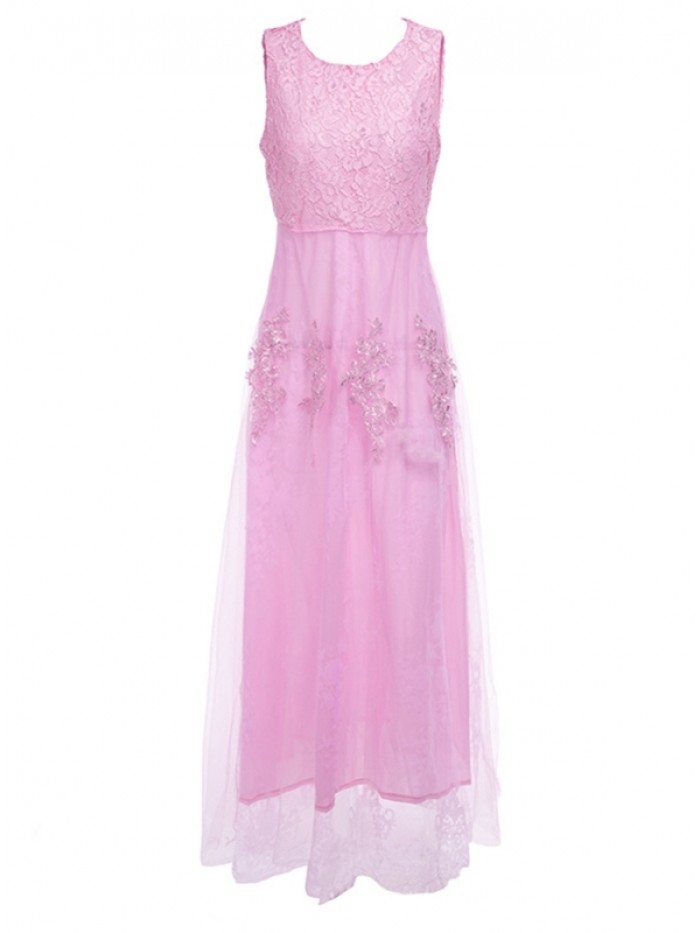 Cute Pink Lace Patchwork High-Waist floral Dress