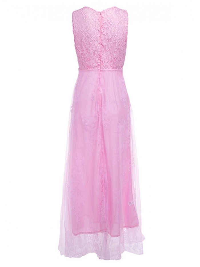 Cute Pink Lace Patchwork High-Waist floral Dress