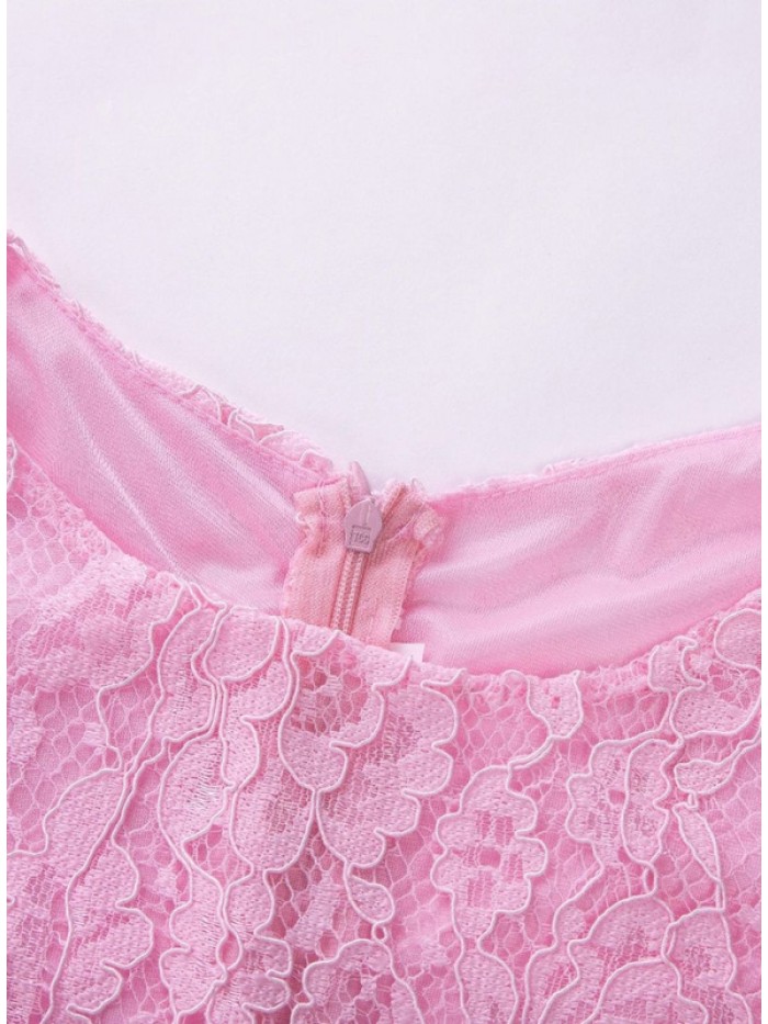 Cute Pink Lace Patchwork High-Waist floral Dress