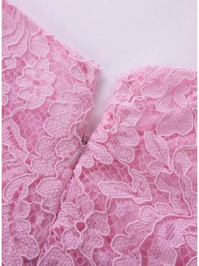 Cute Pink Lace Patchwork High-Waist floral Dress