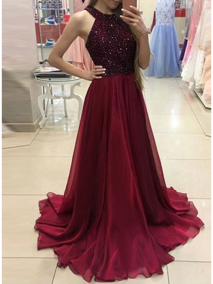 Black/Red  Floor-Length Sequins Backless Sleeveless Dress