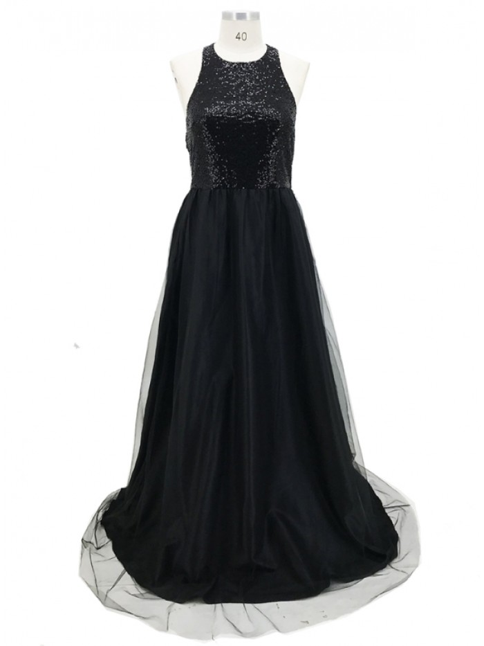 Black/Red  Floor-Length Sequins Backless Sleeveless Dress