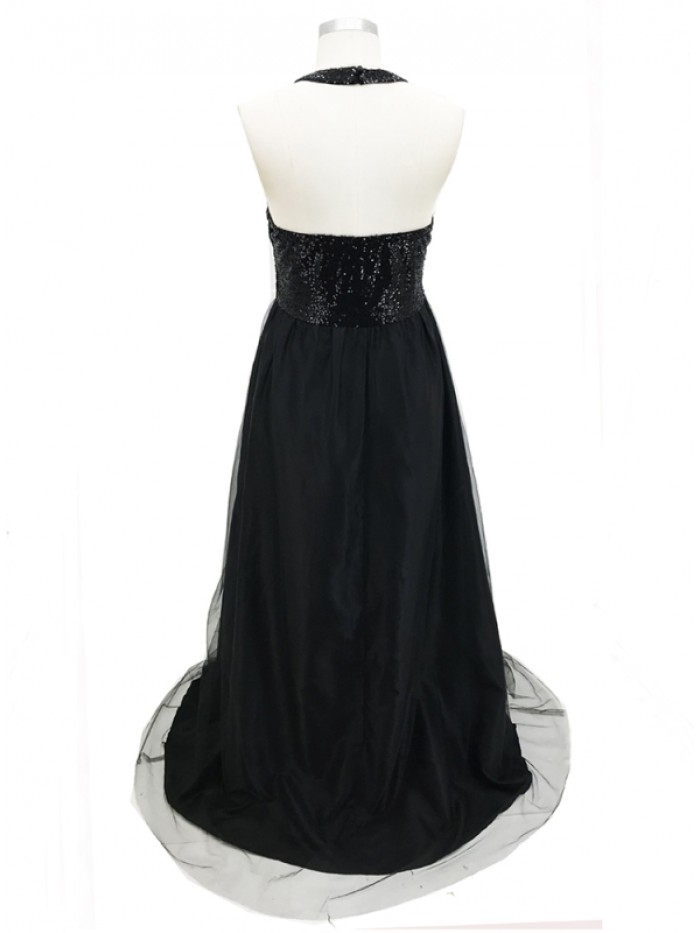 Black/Red  Floor-Length Sequins Backless Sleeveless Dress