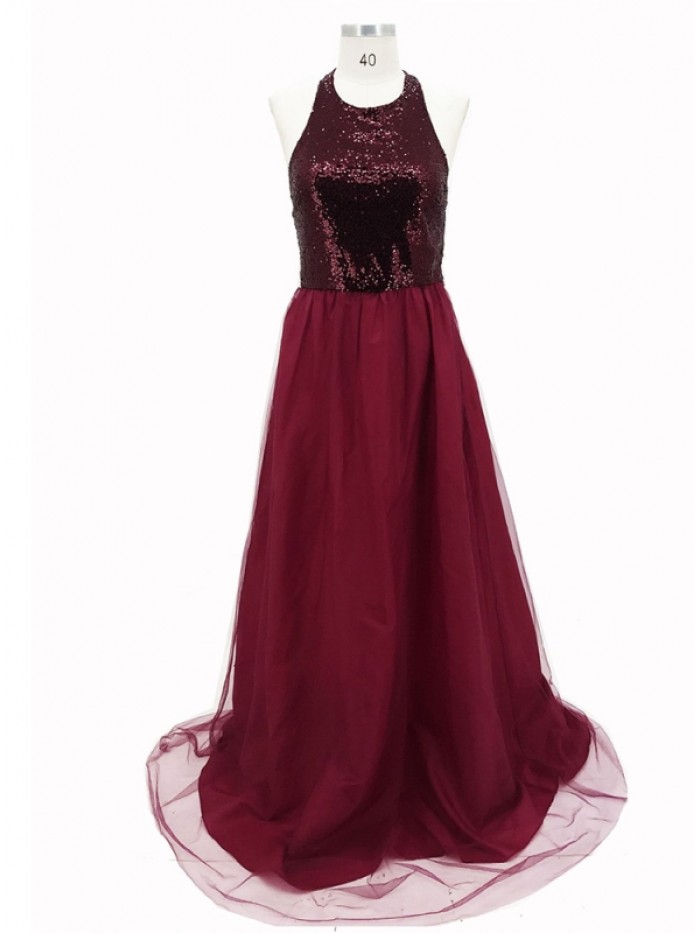 Black/Red  Floor-Length Sequins Backless Sleeveless Dress