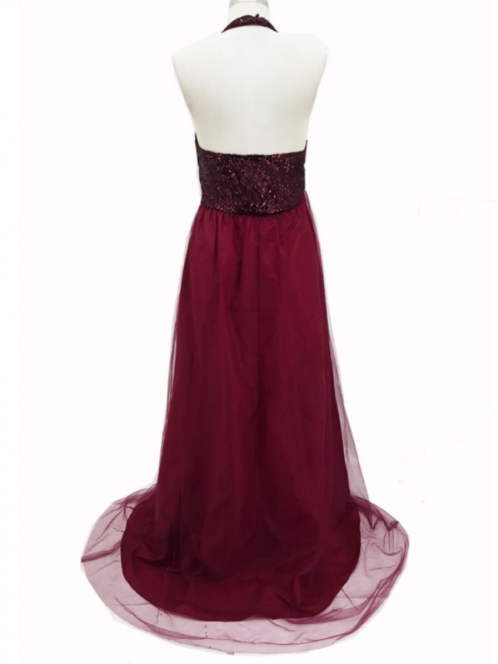 Black/Red  Floor-Length Sequins Backless Sleeveless Dress