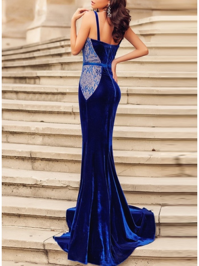 Vintage Blue Lace Sleeveless Floor-Length Bodycon Dress