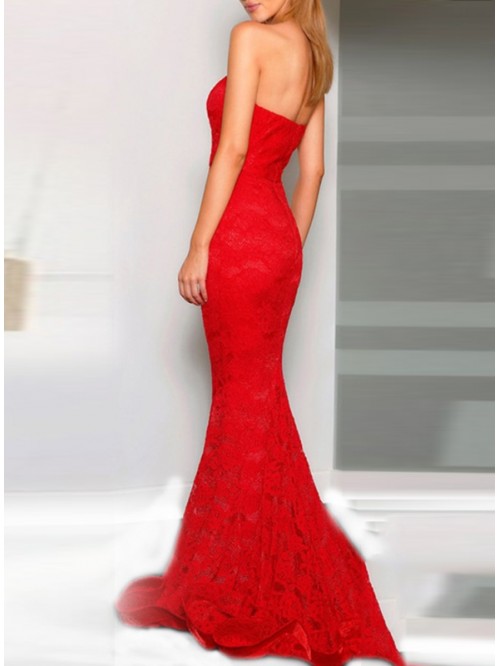 Red Strapless Off-the-shoulder Floor-Length Pullov...