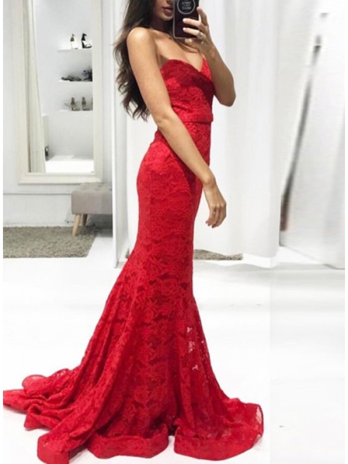 Red Strapless Off-the-shoulder Floor-Length Pullover Sleeveless Dress