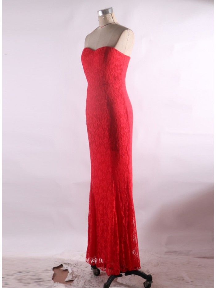 Red Strapless Off-the-shoulder Floor-Length Pullover Sleeveless Dress